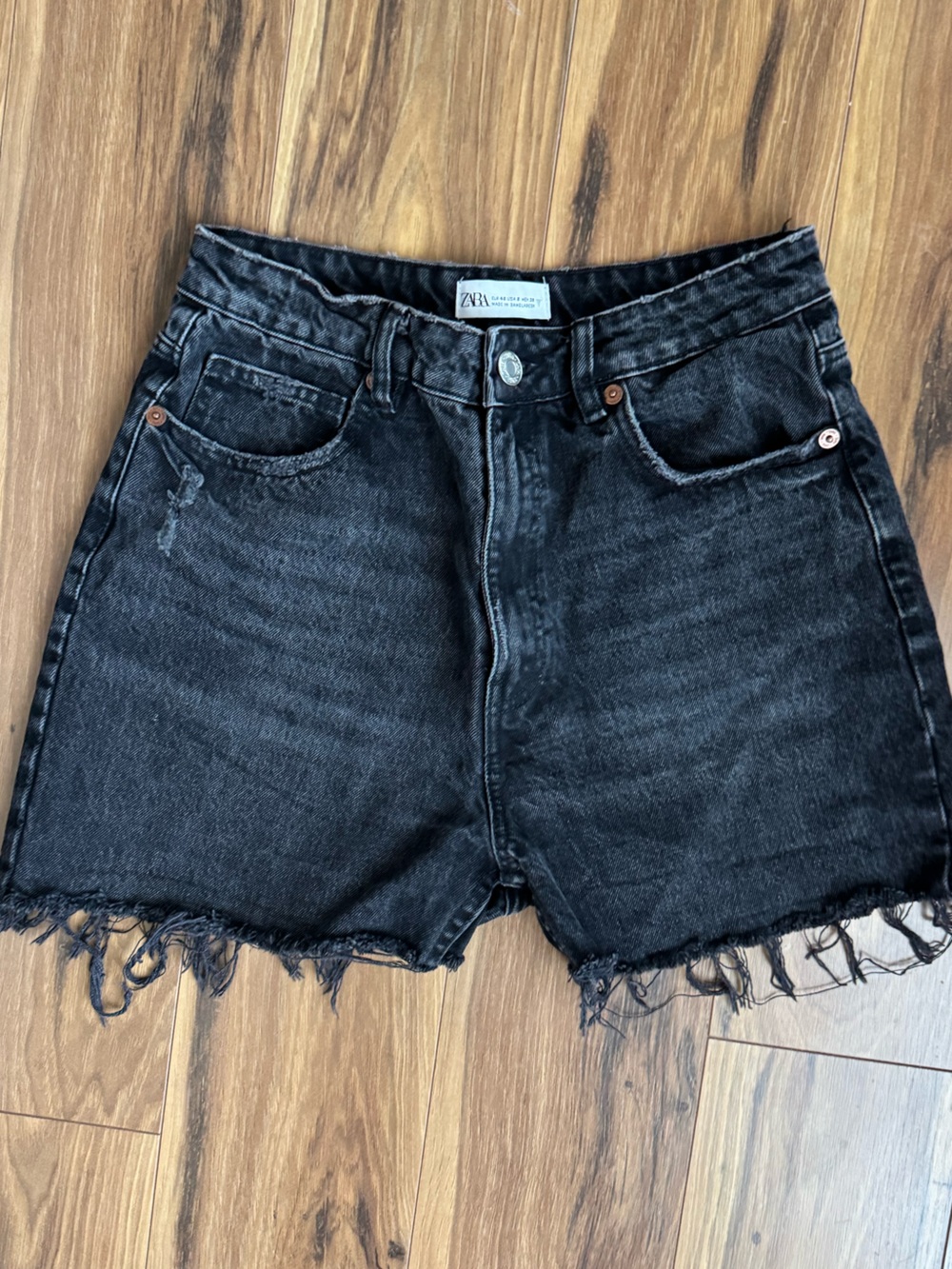 Zara Black Distressed High-Waist Denim Shorts